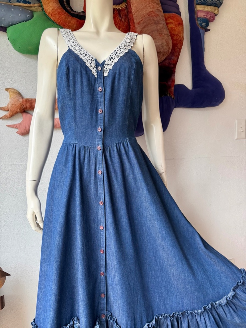 Vintage GUNNE SAX Dark Denim Sundress Dress Midi Size 13 Full Skirt Prairie Blue - Picture 4 of 8